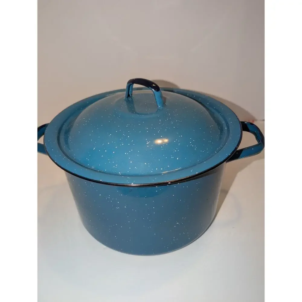 Vintage BLUE Speckled Enamelware Large Stock Pot Domed Lid Perfect For Camping